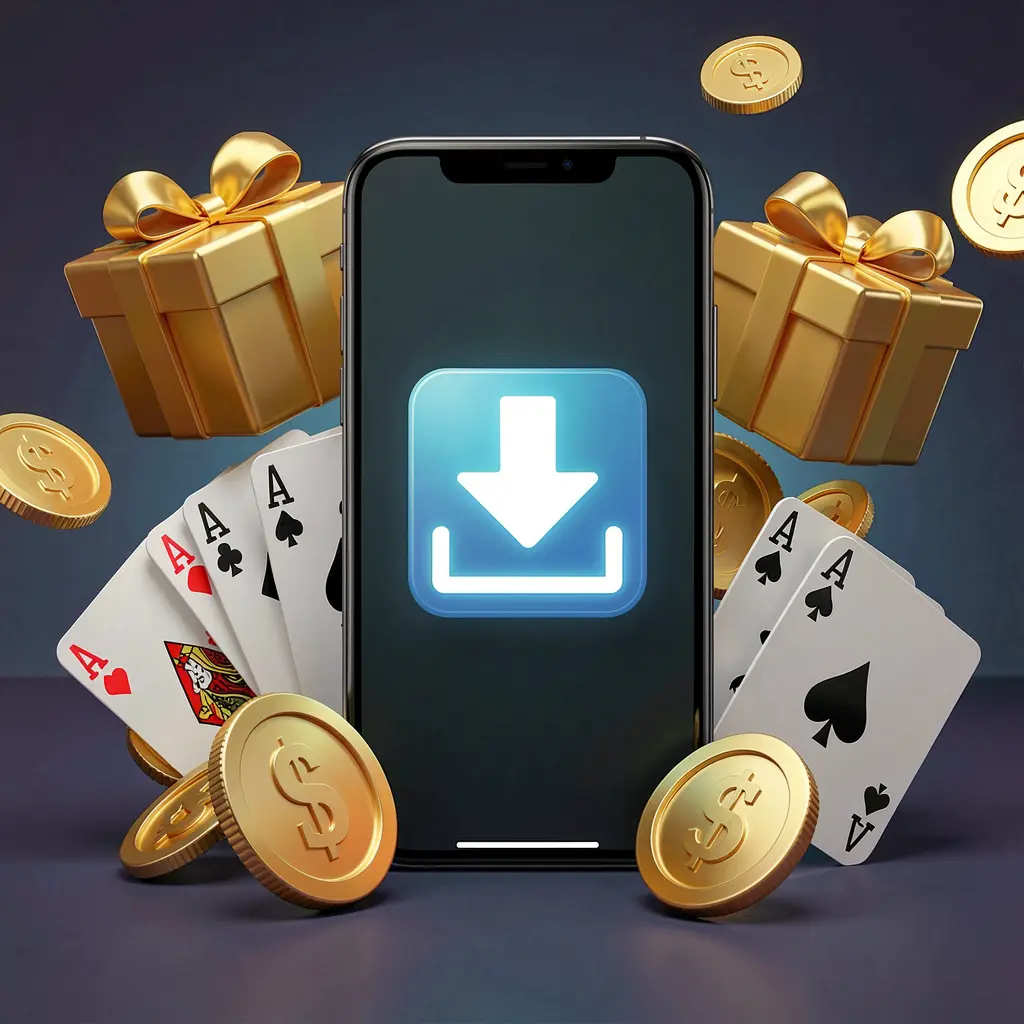 Realistic 3D illustration of a smartphone displaying a download icon surrounded by golden coins, a gift box, and playing cards, representing the 930OK casino app download concept in a modern mobile gaming atmosphere