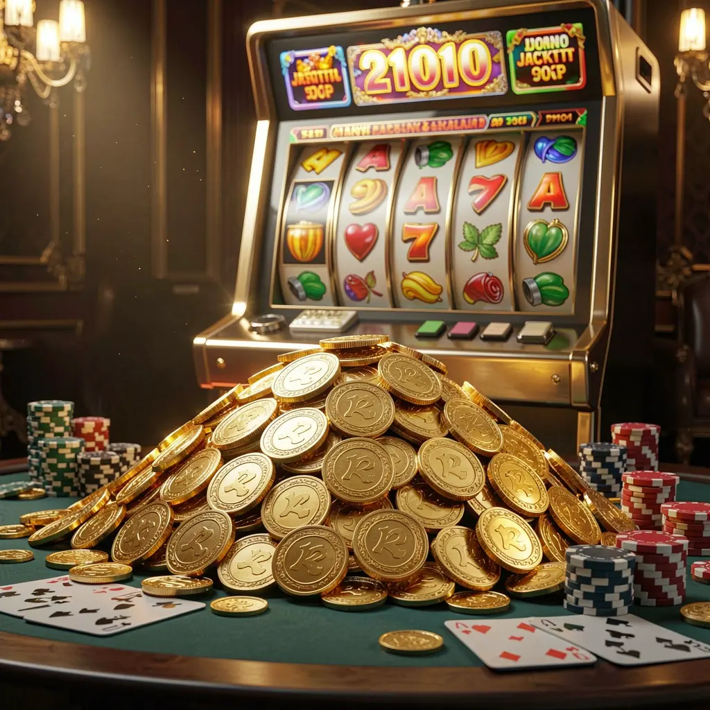 930OK online casino jackpot bonus scene featuring a massive pile of golden coins, a slot machine in the background with glowing jackpot lights, poker chips and playing cards on a luxury table under dramatic cinematic lighting