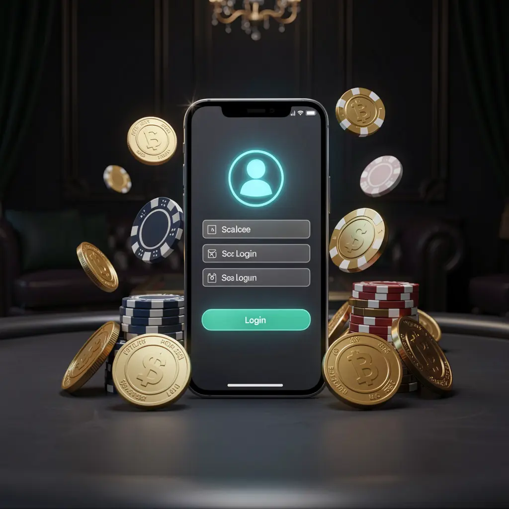 930OK online casino login page hero banner featuring a modern smartphone with a secure login screen, glowing user profile icon, golden coins and poker chips surrounding it on a dark luxury background