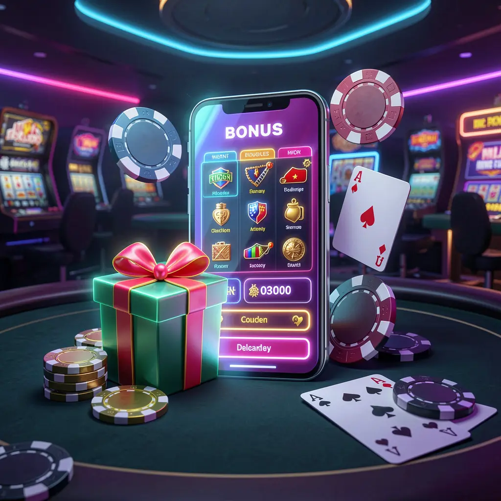 Modern casino website hero scene featuring a smartphone with a glowing interface surrounded by bonus gift box, chips, coins, and playing cards in a premium neon casino style for 930OK