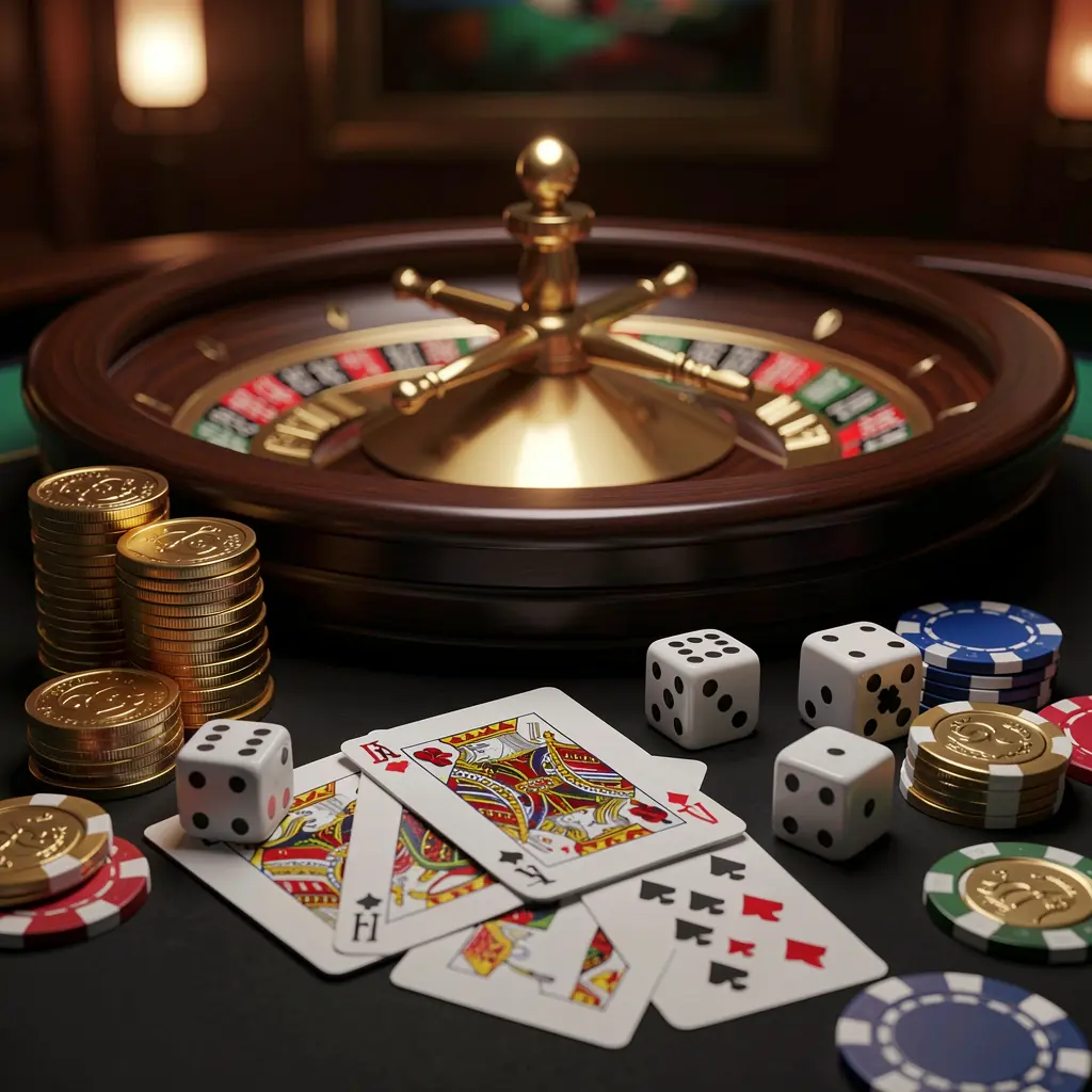 Elegant online casino homepage featuring 930OK brand with royal flush cards, dice, golden coins, poker chips on a dark table and glowing roulette wheel in the background in a cinematic 3D render